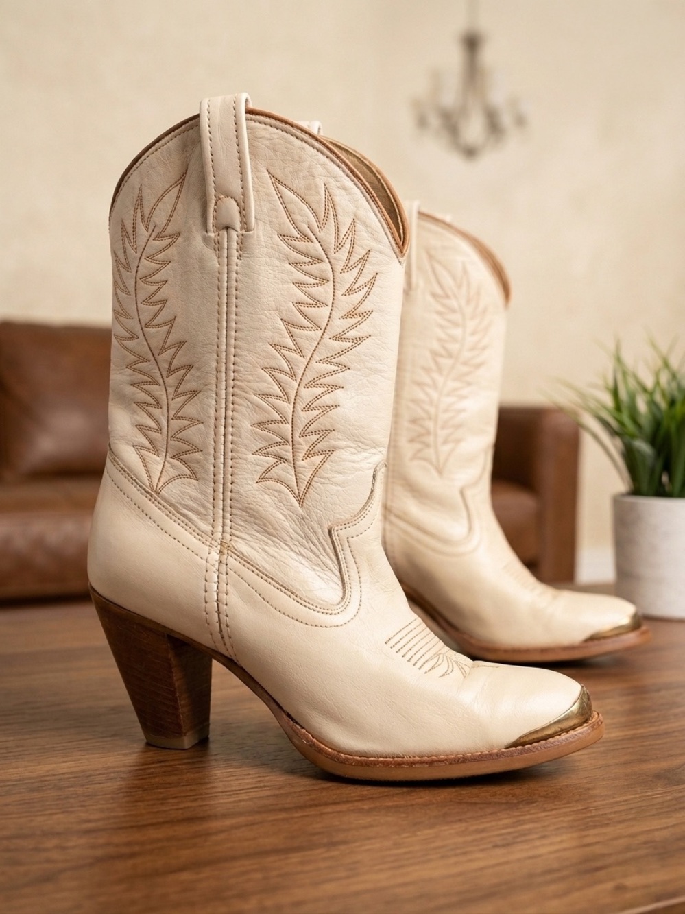 ACME Cream Leather Western Cowgirl Heeled Boots